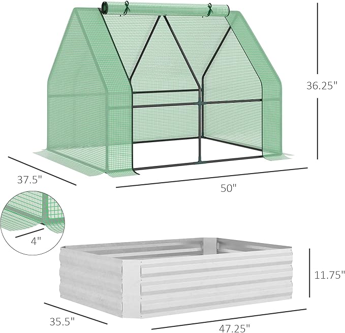 Galvanized Raised Garden Bed with Mini Greenhouse Cover Outdoor Metal Planter Box with 2 Roll Up Windows for Growing Flowers Fruits Vegetables and Herbs 50 x 37.5 x 36.25 Green