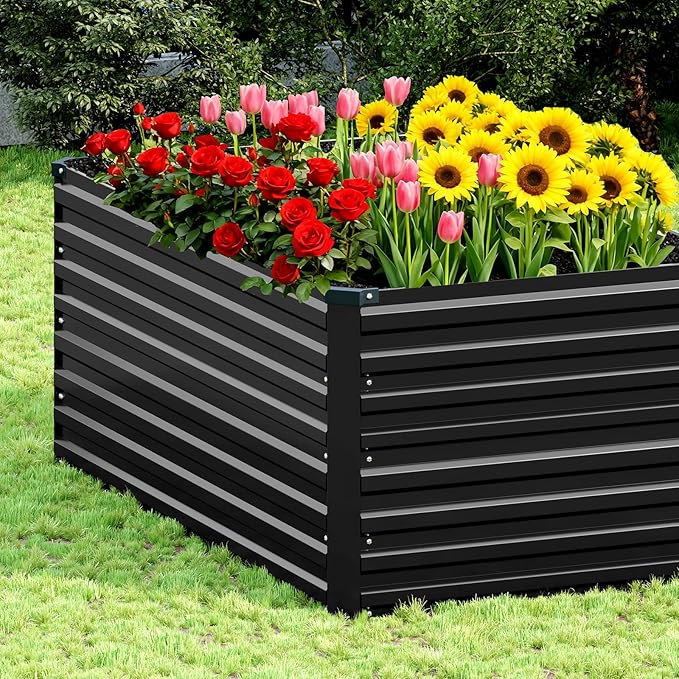 Vengarus 4x2x2FT Galvanized Raised Garden Bed Kit Outdoor Metal Planter Box for Vegetables FruitsHerbs and Succulents - 120 Gallon CapacityBlack