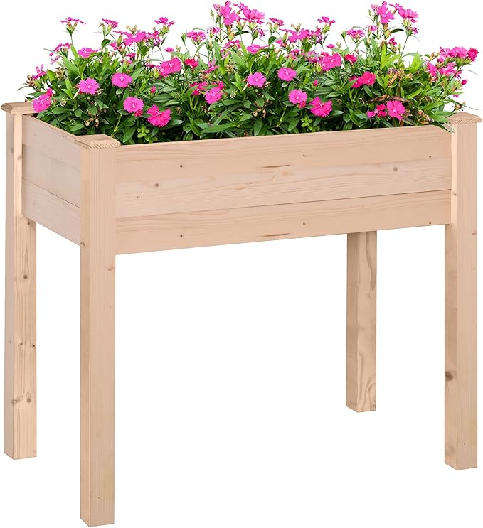 Raised Garden Bed with Legs 34 x 18 x 30 Elevated Wooden Planter Box Self Draining with Bed Liner for Vegetables Herbs and Flowers Backyard Patio Balcony Use Natural