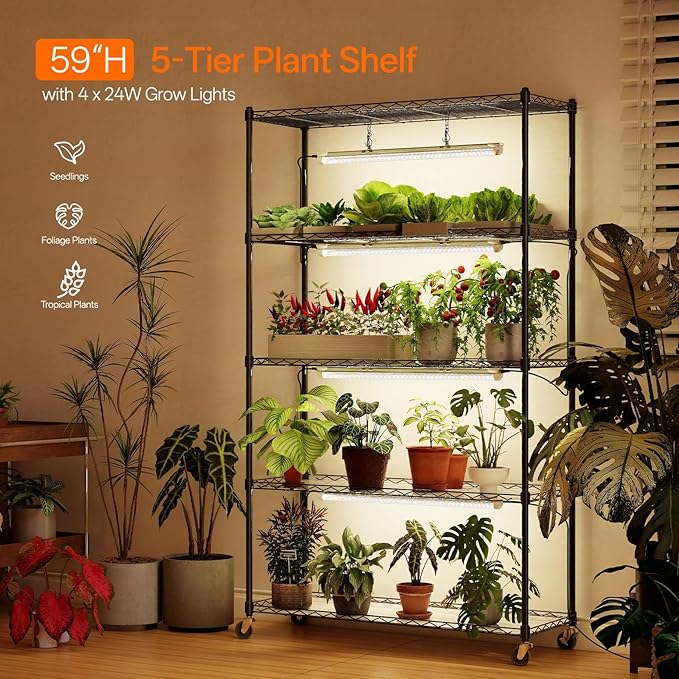 Bstrip Plant Shelf with Grow Light with Timer Metal Plant Stand with Adjustable Rack and Wheels 4 Pack 24W Full Spectrum Grow Light Strip for Indoor Plants Seed Starting 35.4x13.8x59