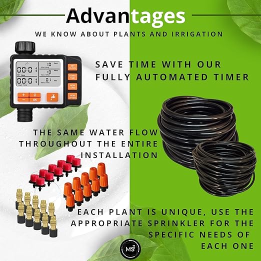 Drip Irrigation System Kit with Timer Metal Mist Plastic Mist Nozzle Red Dripper 1/4 (65.6 feet) and 5/16 Tube (32.8 feet)Automatic Watering System Garden Watering System with Timer Greenhouse