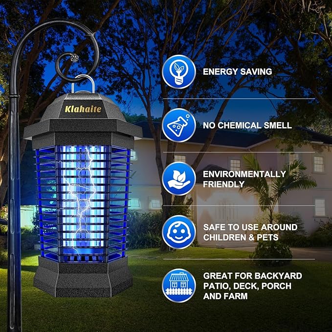 Klahaite Bug Zapper Outdoor Electric Mosquito Zapper Fly Zapper Indoor Fly Traps Mosquito Repellent Outdoor Patio and Backyard Covers 1/2 Acre 3 Prong Plug 4200V ABS Fireproof Plastic Outer