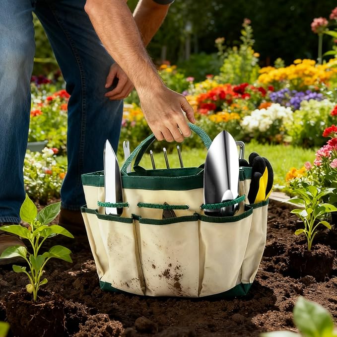 8-Piece Garden Tools Set with Durable Organizer Handbag and Gloves Heavy-Duty Rust-Proof Aluminum Alloy Material Non-Slip Ergonomic Handles Ideal Gifts for Women Men Mom Dad