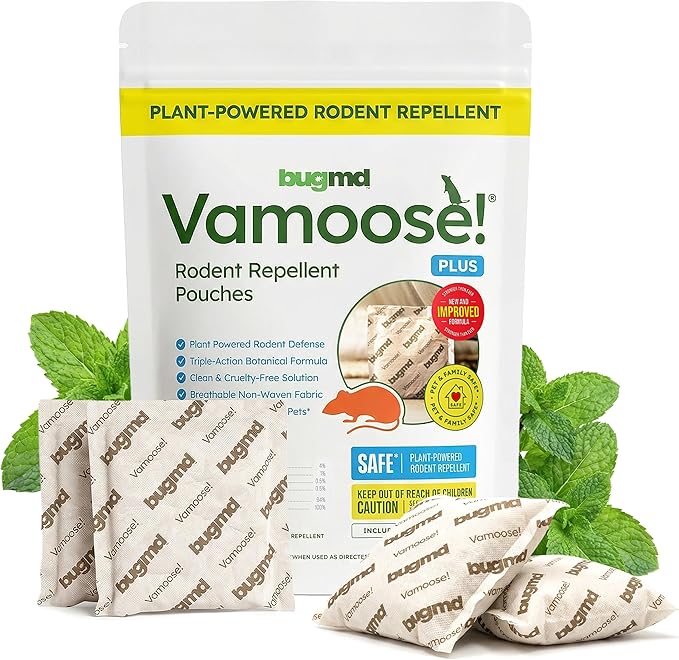 BugMD Vamoose! Plus Peppermint Oil Mouse Repellent Pouches | Natural Mice Repellent Indoor &amp Rat Deterrent for House Garage RV Car &amp Storage | Plant-Powered Rodent Control - 1 Pack - 4 Pouc