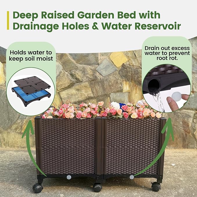 MAYOLIAH Deep Root Raised Garden Bed on Wheels Outdoor Large Plastic Planter Box with Drain Plugs 31.5x15.7x19.7-inch Brown