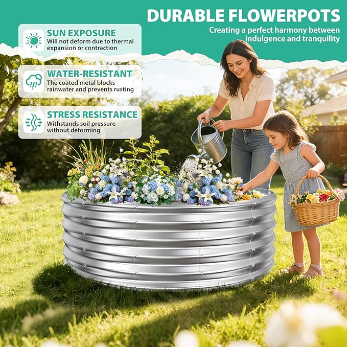 17 Tall Round Outdoor Garden Raised Garden Bed Kits-0.8MM Thick Metal Raised Planter Bed/Ground Planter Box for Variety of FlowersHerbsVegetablesTrees (Silver 48 Dia X 16.5inches)