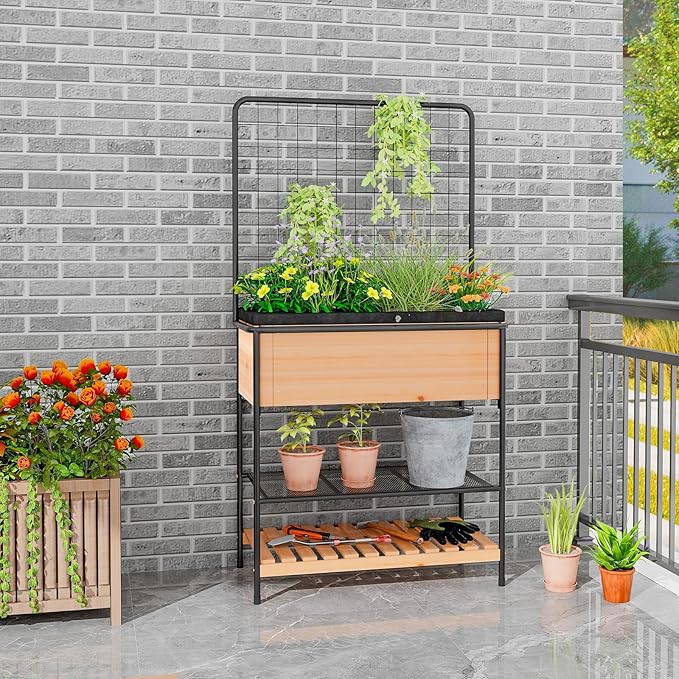 Giantex Raised Garden Bed with Trellis Elevated Wood Metal Planter Box with 2-Tier Storage Shelves Grid Divider Drain Hole &amp Black Liner Freestanding Garden Planter for Herb Vegetable Fruit Fl