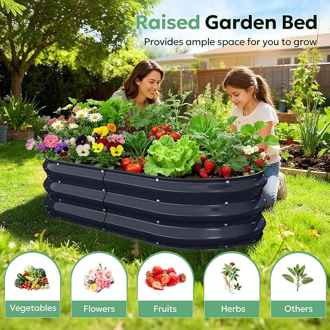 Raised Garden Bed 4×2×1 FT Galvanized Metal Raised Planter Box Decorative Vegetable &amp Flower Planting Container for Patio Entryway Poolside Outdoor Landscaping Midnight Blue
