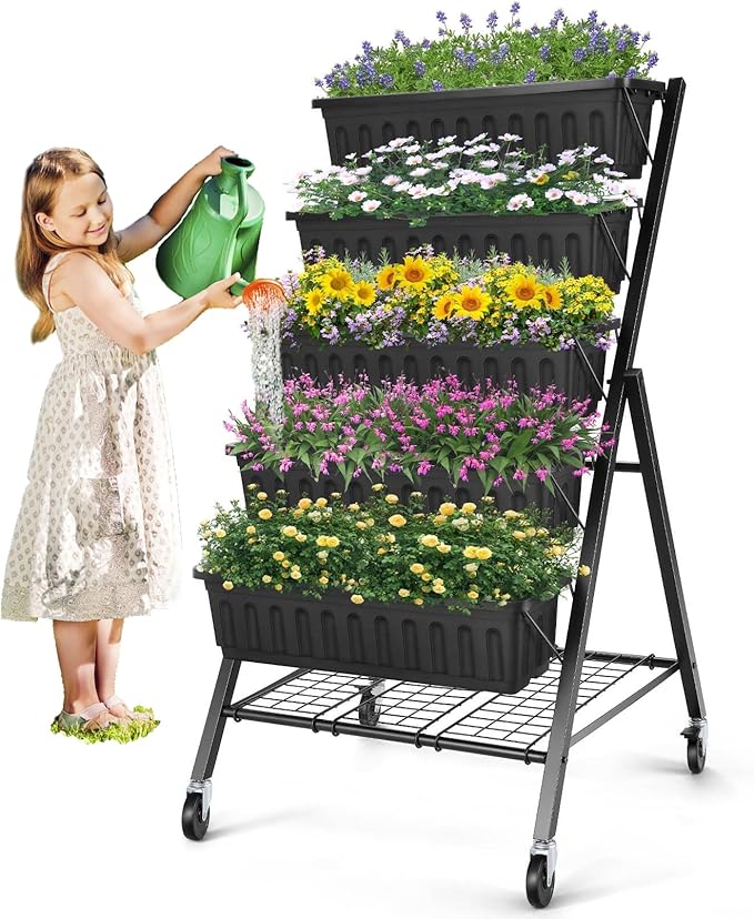 SEJOV 5-Tier Raised Garden Bed 4FT Vertical Garden Planter with Storage Rack and Lockable Caster Wheels Indoor Outdoor Raised Planter Box with Drainage System for Vegetables Flowers Herbs Black