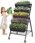 SEJOV 5-Tier Raised Garden Bed 4FT Vertical Garden Planter with Storage Rack and Lockable Caster Wheels Indoor Outdoor Raised Planter Box with Drainage System for Vegetables Flowers Herbs Black