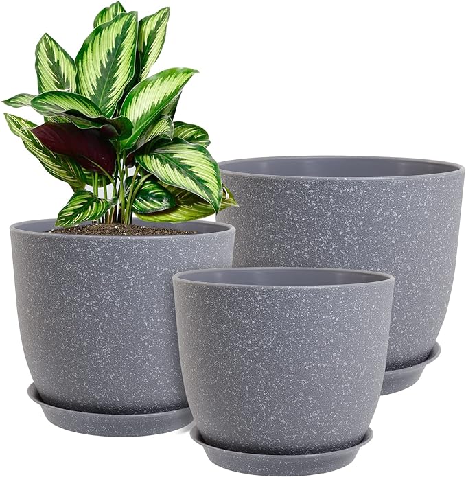 WOUSIWER Plant Pots 10/9/8 inch Set of 3 Modern Decorative Plastic Planters with Drainage Holes and Saucers for House Plants Indoor Flowers Plants Grey Speckles