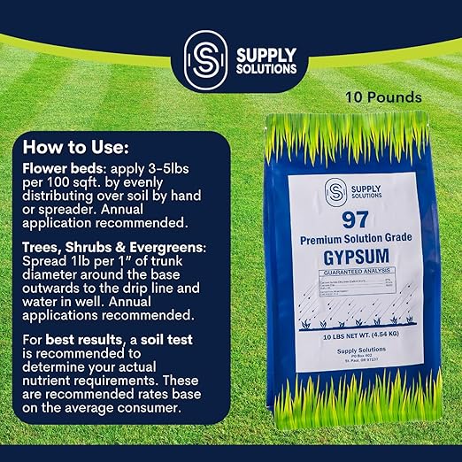 Supply Solutions Premium 97 Solution Grade Gypsum - Fast Acting Gypsum for Soil - Organic Calcium Sulfate Dihydrate - Gypsum Powder for Root Growth Lawns Mushroom Cultivation (10lbs)