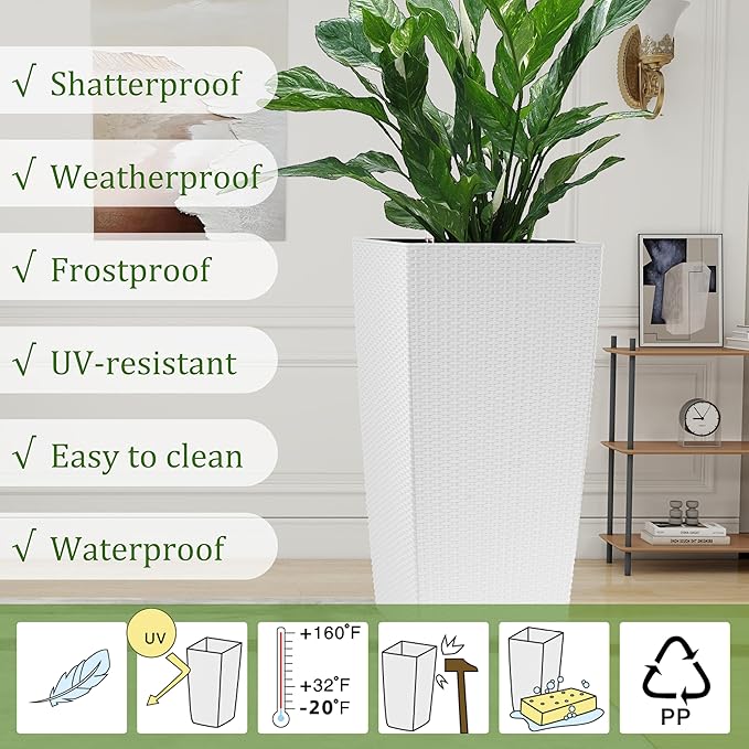 IndoorOutdoor Faux Rattan Square Planter 30 Inch White Plastic Large Planter with Automatic Watering System for Home and G(White 30 Inch 1)