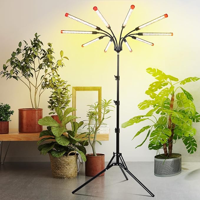 10Head Grow Light on Stand for Large&ampTall Indoor Plants Bonsai Tree Bright and Big Coverage Plant Growing Lamps 4/8/12/16/20H Timer 90 Watt Power Draw NO Need Adapter 360° Gooseneck