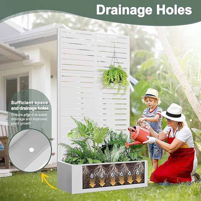 Metal Planter Box with Trellis for Patio 35 L×16 W×71 H Raised Garden Bed with Trellis Privacy Screen Planter Box for Climbing Plants Outdoor (White Blinds)