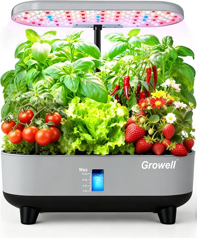 Hydroponics Growing System Kit 16 Pods Vertical 8L Indoor Gardening System for Herb Vegetable Fruit with LED Grow Light Smart Water Circulation 3 Light Modes &amp 2 Timer Gray