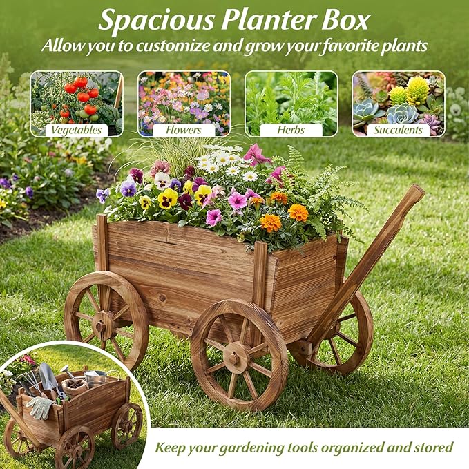 HAPPYGRILL Wood Wagon Wheelbarrow Planter Outdoor Rolling Garden Planter Cart with 4 Wheels Drainage Hole &amp Adjustable Handle Decorative Wagon Flower Pot Stand for Home Backyard Patio(1)