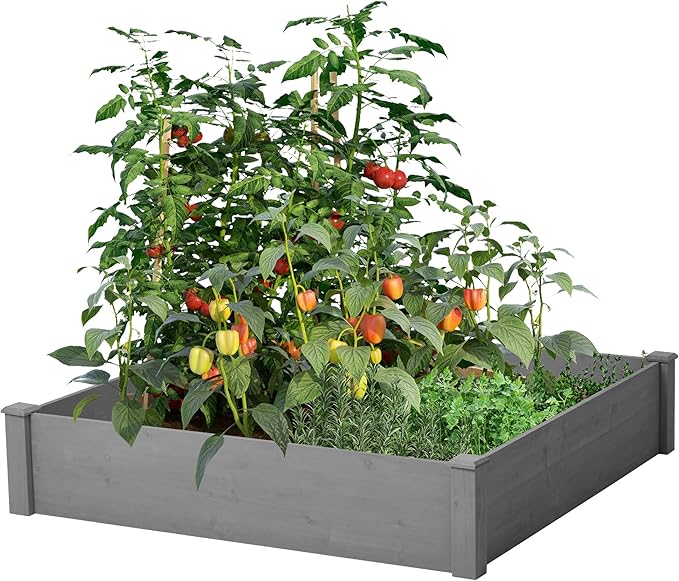 Raised Garden Bed 48x48x10'' Outdoor Wood Planter Box Over Floor Tool Free Assembly