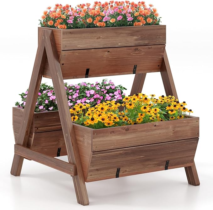 S AFSTAR 21-Inch Vertical Raised Garden Bed 3 Tiered Wooden Planter Boxes 26 L x 29 W x 29 H Drainage Holes Indoor Outdoor Flowerbed Freestanding Elevated Planter Box for Garden Flower Veggies