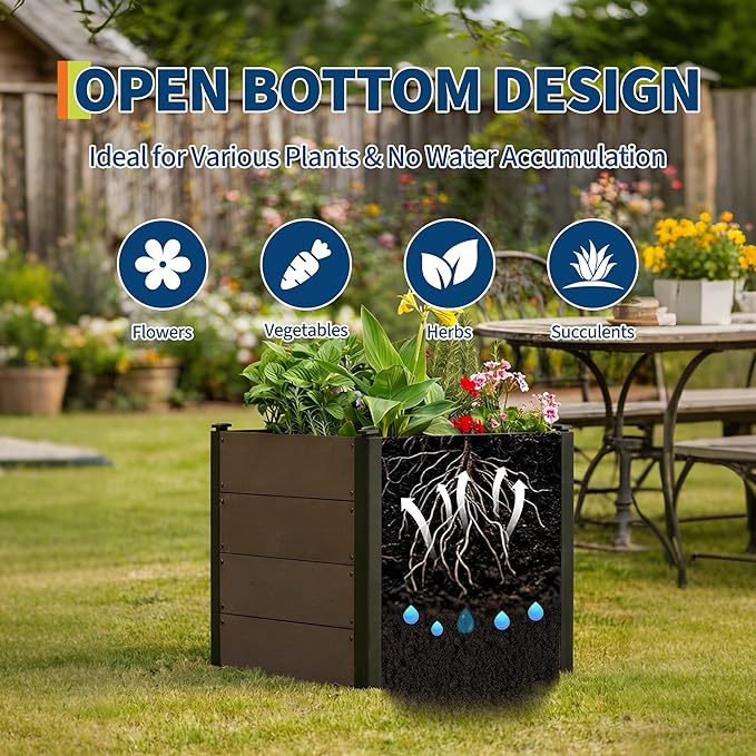 Wood Look Elevated Garden Bed for Patio Deep Root Planter Box with Durable Composite Material Space-Saving Outdoor Garden for Vegetables &amp Herbs Easy Assembly25 x 25x 23Without Bottom