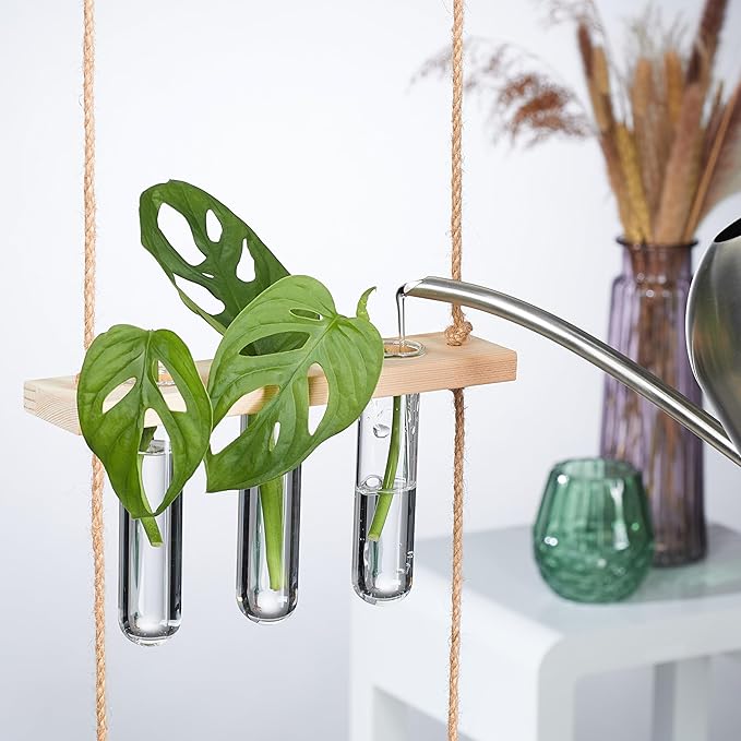 Relaxdays Plant Propagation Station Hanging Test Tube Vases with Wooden Shelf Hydroponics 3 Tier Natural/Clear
