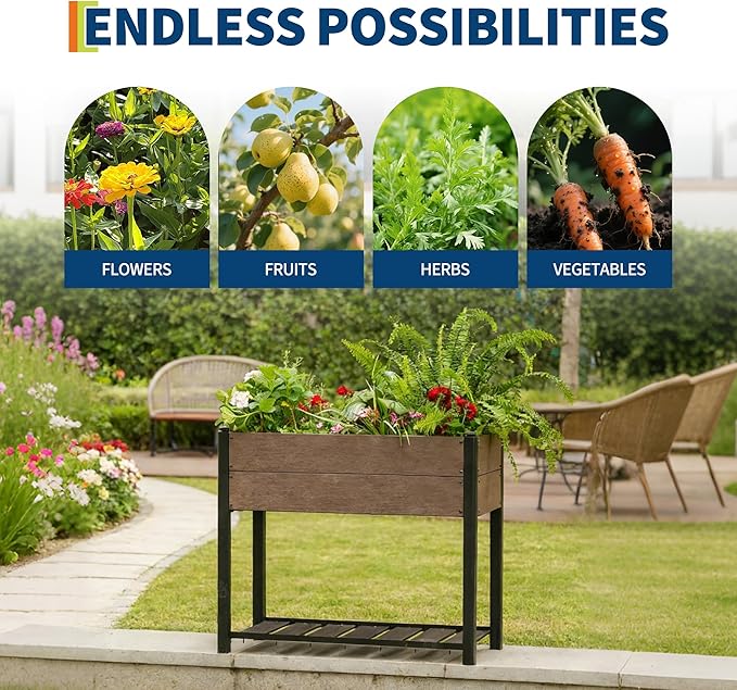 PeakPursuit All-Weather Elevated Garden Bed with Storage Shelf HDPE Wood Grain Planter Box &amp Sturdy Black Aluminum Frame for Vegetables Herbs on Patio Balcony42 l x 33 h
