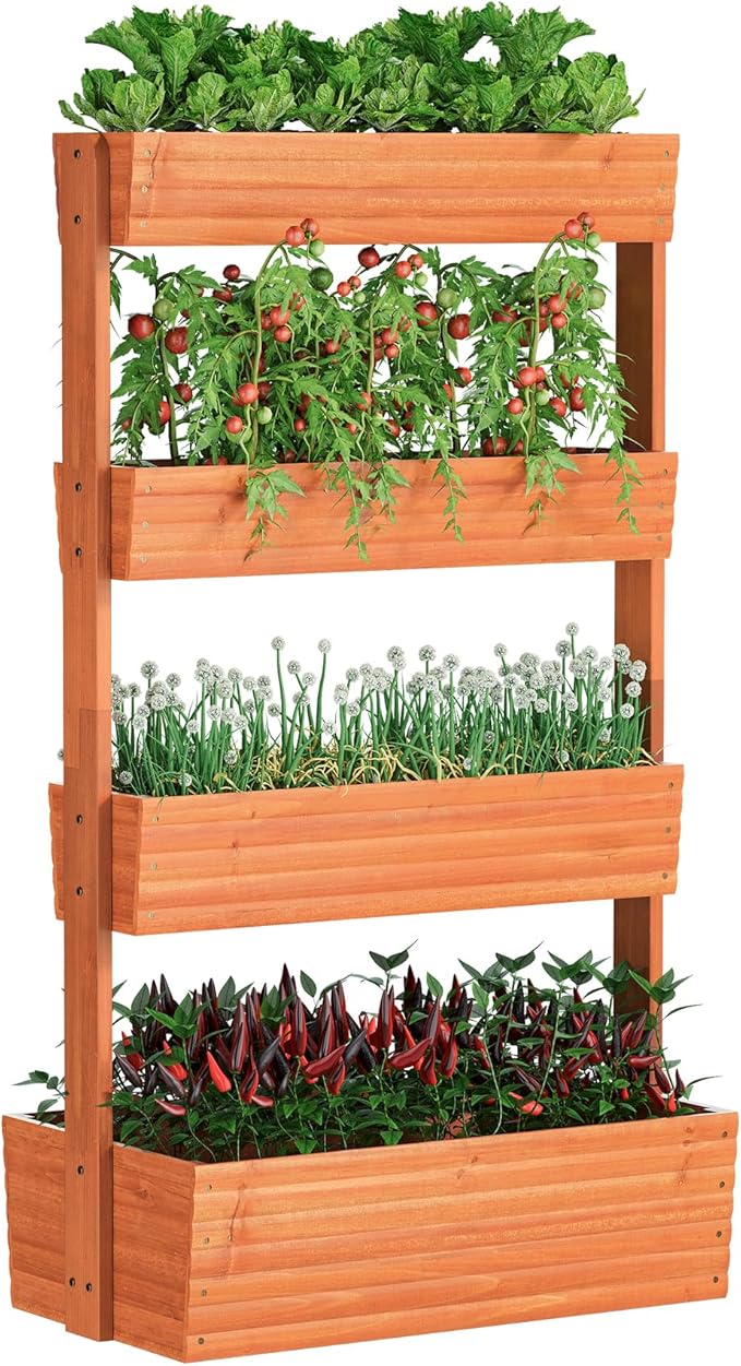 FILWH Wooden Raised Garden Bed Vertical Planter Box Freestanding Plant Stand for Indoor Outdoor Plants Herbs Flowers Vegetables Gardening (Reddish Brown 4-Tier29.9 x 17.9 x 55in)