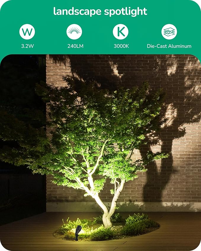 EDISHINE Low Voltage Landscape Lights 3.2W 12V ACDC 240LM Low Voltage Spotlight CRI 80 &amp Beam Angle 35° 3000K Aluminum Housing Outdoor Landscape Lighting for Trees Yard Garden Houese 8 Pack