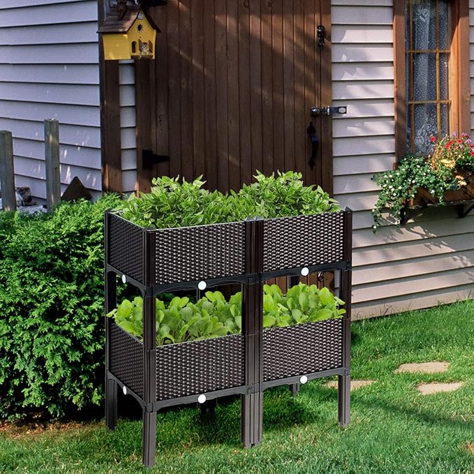 Giantex Raised Garden Bed Set of 4 Planter Raised Beds Kits with Drain Holes for Fruit Flowers Vegetables Outdoor Elevated Planting Box for Lawn Patio Balcony Easy Assembly Rattan-Like Look Brown