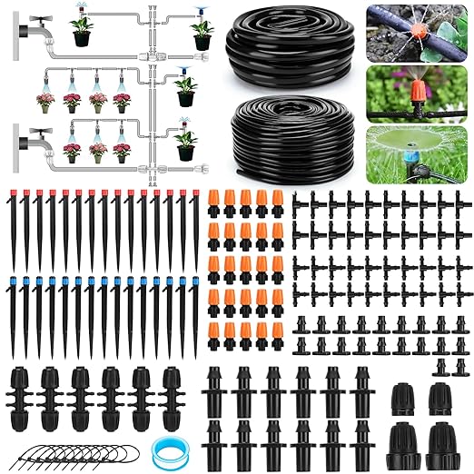 240FT Drip Irrigation System Automatic Drip Irrigation Kits Quick-Connect for Greenhouse Yard Lawn Plant Garden Watering Misting System with 1/2 inch Hose 1/4 inch Distribution Tubing
