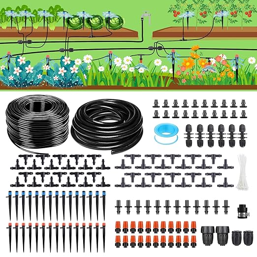 256FT Automatic Drip Irrigation System KitAutomatic Garden Watering Misting System for Greenhouse Yard Plant Lawn with 1/2 inch Hose 1/4 inch Distribution Tubing and Accessories