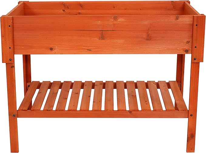 Sunnydaze 42-Inch Wooden Outdoor Raised Garden Bed with Lower Shelf for Flowers Herbs and Vegetables - Stained Finish