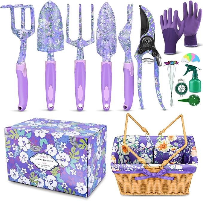 EAONE 43Pcs Garden Tools Set with Basket Floral Gardening Hand Tools Gardening Gifts for Women and Plant Lovers Heavy Duty Tools Kit Including Gardener Gloves Trowel Weeder Hand Rake and Pruner