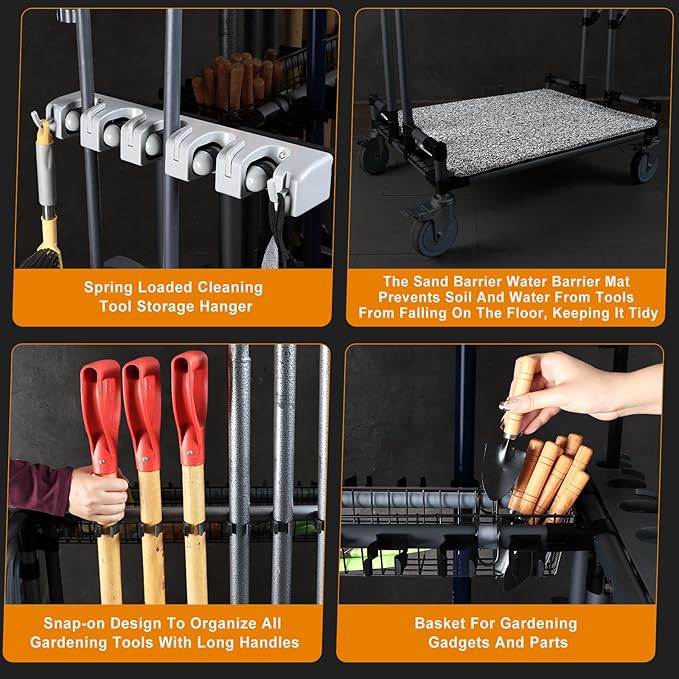 Heavy-Duty Garden Tool Organizer Cart Ideal for Gardening Upgraded 5-Inch Wheels for Lawn &amp Sand Long-Handle Tool Storage