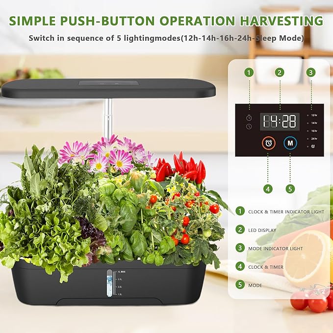 Black 12-Pod Hydroponics Growing System Earthless Growing System Indoor Garden Herb Garden Kit Smart Hydroponic Garden with LED Grow Light &amp Automatic Timer Adjustable Height