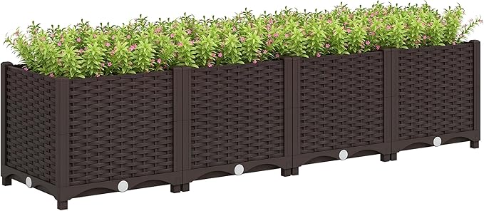 Outsunny 5 x 1 x 1 ft Raised Garden Bed Indoor Outdoor Plastic Planter Box with Drainage Holes Drain Plugs and Water Reservoirs for Vegetables Herbs Flowers &amp Succulents Brown