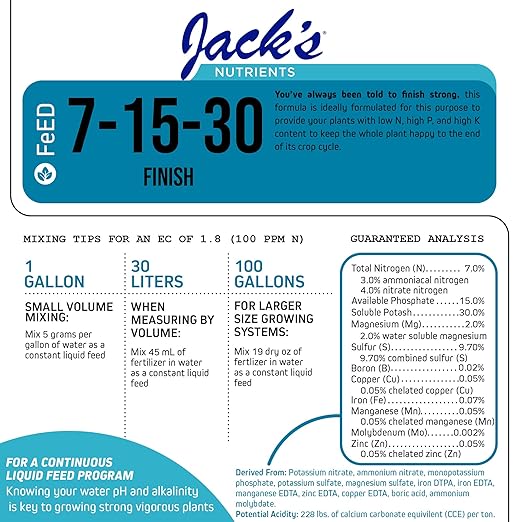 Jack's Classic Nutrients 7-15-30 Finish Water-Soluble Fertilizer for Strong Finished Plants Grown in Continuous Liquid Feed Programs 2.2Lbs