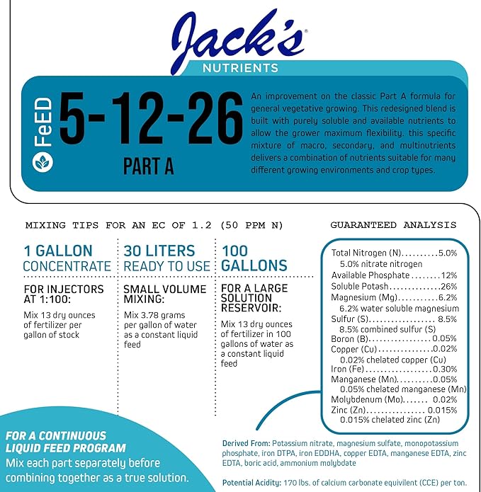 Jack's Nutrients 5-12-26 Part A Water-Soluble Fertilizer for Growth of Leaves and Strong Roots in Plants Grown in Continuous Liquid Feed Programs 25lbs 3 Pack