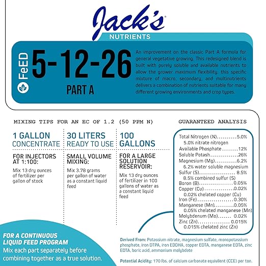 Jack's Nutrients 5-12-26 Part A Water-Soluble Fertilizer for Growth of Leaves and Strong Roots in Plants Grown in Continuous Liquid Feed Programs 25lbs 2 Pack
