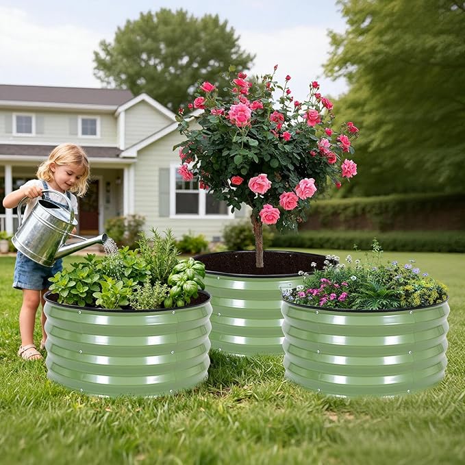 INNO STAG 3 Pcs Round Galvanized Raised Garden Bed — 2×2×1ft Planter Box Outdoor Raised Beds Kit for Gardening Vegetables Fruits Herbs and Flowers Olive Green