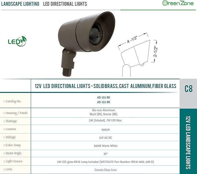 Westgate Lighting LED Directional Landscape Die - Cast Housing - IP67 and IP54 Level Rating - 12V AC - 36 Degree Beam Angle - Convex Lens (12 Bronze)