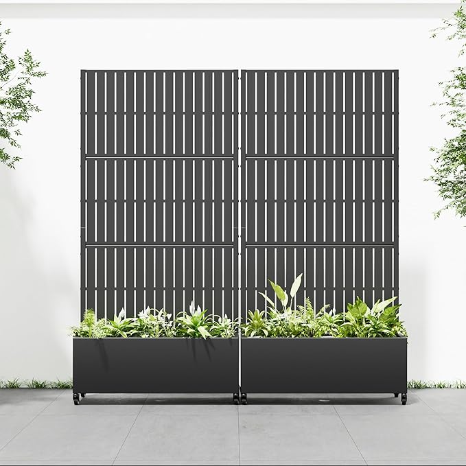 Casaphoria 72x35 Metal Raised Garden Bed with Trellis(2 Pack) Outdoor Planter Box with Wheels &amp Drainage Holes for Climbing Plants Flowers Elevated Garden Kit with Privacy Screen Black-Fence