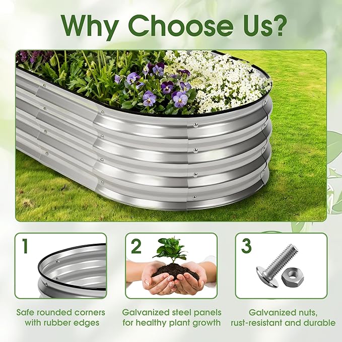 NEWBULIG Heavy-Duty Galvanized Oval Raised Garden Bed for Outdoor Metal Planter Box with Open Base Easy Assembly with Safe Edges for Vegetables/Flowers/Herbs
