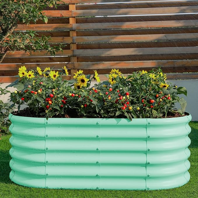Land Guard 18“ Tall 4×2ft Galvanized Raised Garden Bed Kit Galvanized Planter Garden Boxes Outdoor Oval Large Metal Raised Garden Bed for Vegetables……… (Lime Green 4×2×1.5ft)