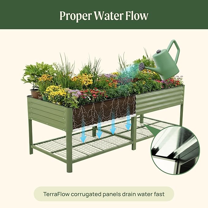 Elevated Raised Garden Bed- Jumbo Series 3' x 8' Outdoor Planters Boxes with Legs &amp Storage Rack for Patio 2000+ Lbs Weight Capacity Raised Beds for Gardening Herbs Vegetables Flowers Pearl Wh
