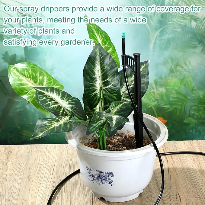 25 Pcs 12.8 Inch Drip Irrigation Stakes with 180 Degree Sprayer Emitters and Sprinkler Extension Riser 1/4 Inch Drip Line Sprinkler Support Stakes for Garden Watering SystemGreen