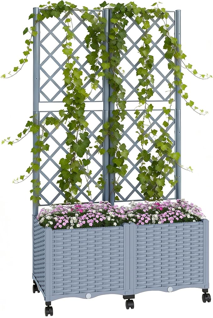 Outsunny Planter Box with Trellis Self Watering Raised Garden Bed with Lockable Wheels 56.3 Trellis Privacy Planter with Drainage Holes for Climbing Plants Vines Vegetables Flowers Gray