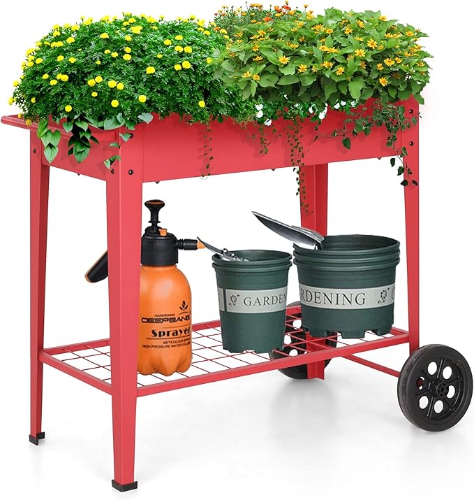 Sophia &amp William Planter Raised Beds with Legs and Wheels Outdoor Metal Planter Box Elevated Garden Bed with Lower Shelf for Vegetables Flower Herb Red