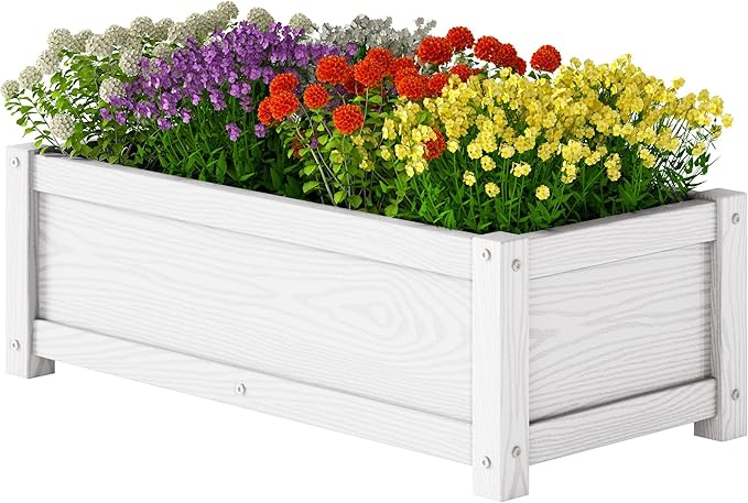 HDPE Planter Box All-Weather Outdoor Garden Bed Easy to Assemble Drainage System Low Maintenance Non-Fading for Flower/Herb/Seed (White)