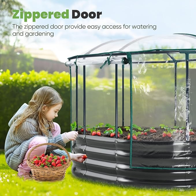 KING BIRD Raised Garden Bed with Cover Galvanized Oval Planter Garden Box Outdoor for Gardening Vegetables Flowers 47.2x35.4x11.8 in Clear